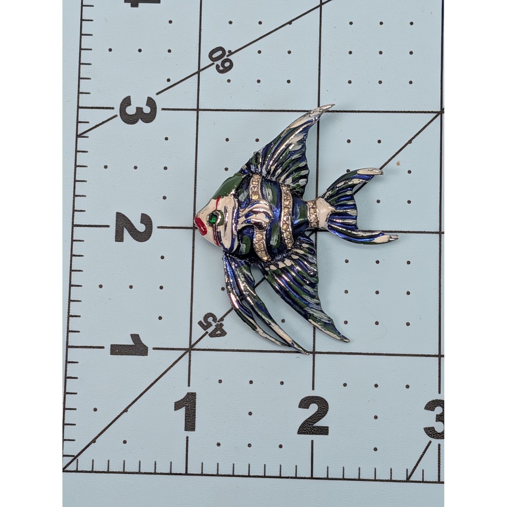 Enamel Fish Brooch Silver Tone Blue Green Clear Rhinestone Costume Sea Life Pin